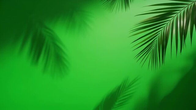Palm leaf shadows gently swaying on a vibrant green backdrop with soft light creating a tropical ambiance