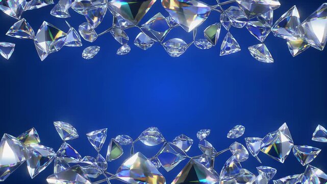 Scattered transparent crystal shards drift across a deep blue gradient background with soft light