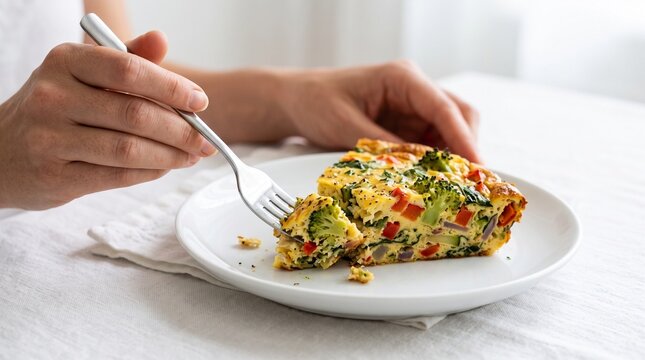 Person eating a slice of vegetable frittata with a fork on a white plate