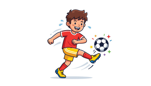 Boy kicking colorful soccer ball with dynamic motion
