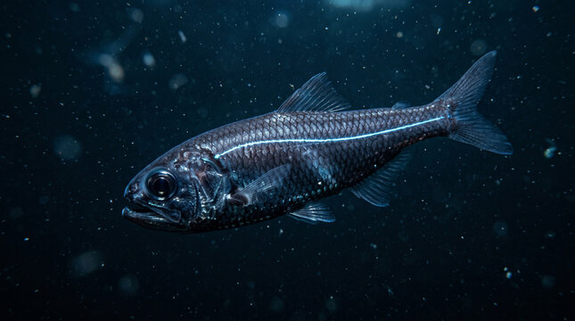 Deep sea lanternfish with glowing lateral line in abyss.