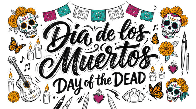 Dia de los Muertos Day of the Dead Doodle Vector Illustration: Hand-Drawn Mexican Holiday Elements, Sugar Skulls, Marigold Flowers, Papel Picado, and Pan de Muerto Icons