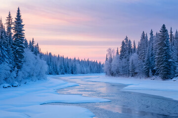 Fototapeta premium Winter landscape with frozen river and snow covered pine forest at sunset 1.