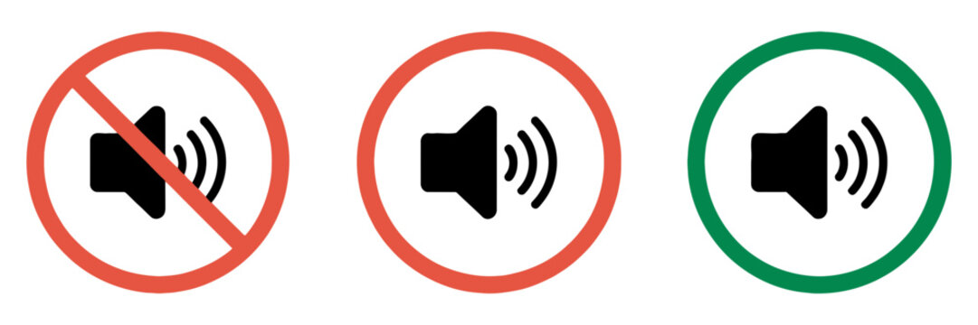 No Speaker Sound Icons Featuring Mute and Unmute Symbols, Silence Rules, Volume Control, Audio Restrictions and Allowed Sound Indicators