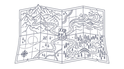 Fototapeta premium Hand drawn travel map illustration with backpack, mountains, forest and ocean routes