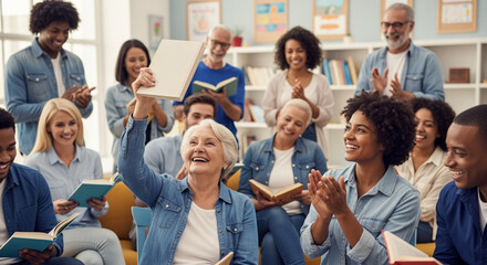 Obraz premium Diverse group of happy adults attending a book club meeting, smiling, discussing literature, and celebrating learning together in a bright community room
