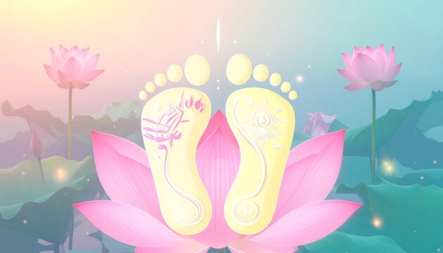 Ashadhi Ekadashi footprints of the divine on a pink lotus flower in a spiritual background