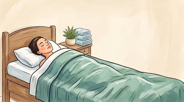 Watercolor illustration of a woman sleeping in a wooden bed under a green blanket. Female resting in a bedroom with a nightstand and plant. Health and wellness concept. Copy space for text
