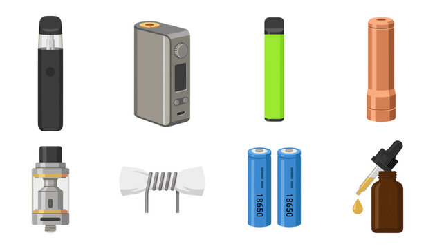 Electronic Cigarette and Vape Equipment Icon Set Featuring Pod Systems Box Mod Vape Juice Atomizer Coil Batteries and Mechanical Mod for Web and Graphic Designs