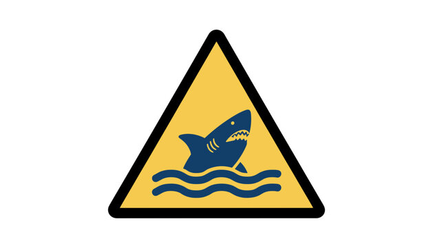 Yellow warning triangle sign with a blue shark silhouette swimming in waves, representing danger and shark infested water warning.