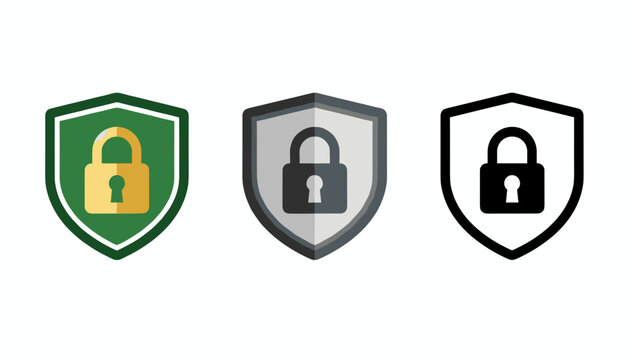 Three security shield icons containing padlocks in green, grey, and black outline styles representing antivirus and data protection.