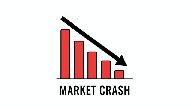 Financial bar chart with descending red columns and a black arrow pointing down with the text market crash at the bottom.
