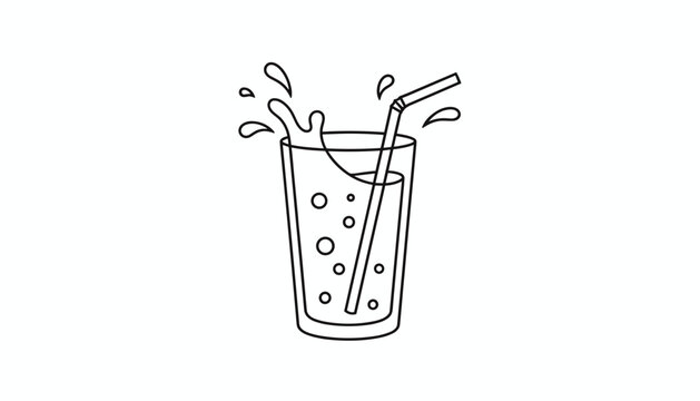 Refreshing glass of soda with a drinking straw and splash outline illustration, perfect for menu and coloring book design.