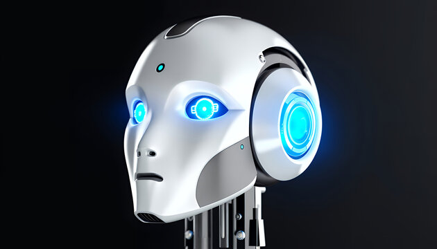 futuristic humanoid robot head with glowing blue eyes and circular ear sensor in sleek metallic finish against dark space