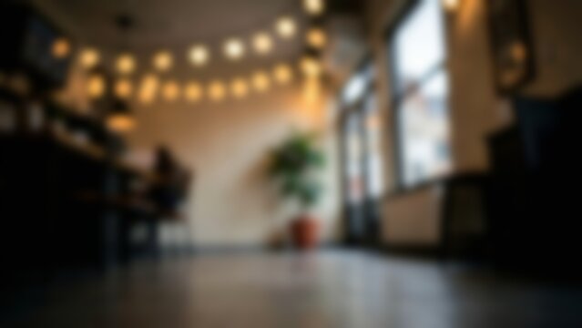 Blurred warm indoor background of a cozy modern cafe with glowing string lights bokeh, ideal for website hero images or virtual meeting backdrops