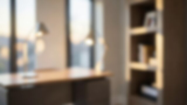 Blurred modern home office interior background showing wooden desk and warm lamps perfect for professional video conferencing or website hero banners
