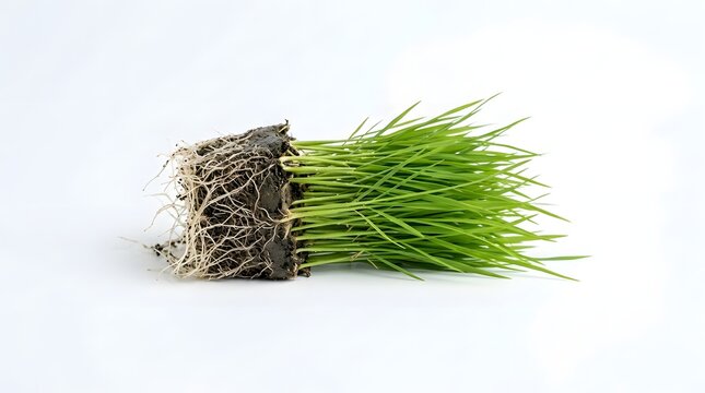 Fresh green grass bundle with soil roots exposed on white background