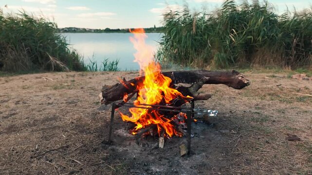 Slow-motion aerial footage circling a roaring campfire with skewers, set against reeds and a calm lake under a bright blue sky.