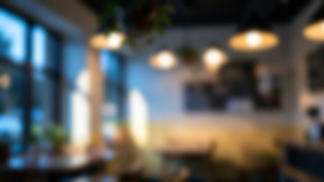 Blurred indoor background of a cozy modern cafe interior with glowing lights ideal for professional video call backdrops or website hero banners