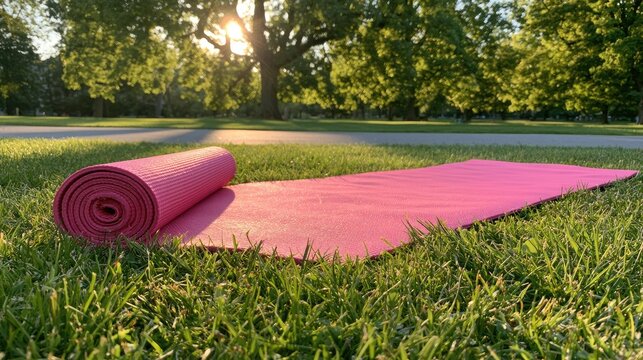 A pink rolled yoga mat rests on green grass in a sunlit park