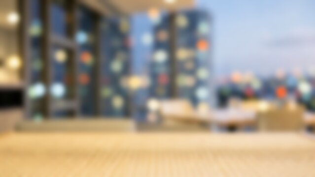 Empty woven bamboo table surface overlooking blurred city skyline bokeh at dusk for modern product display mockups and website banners