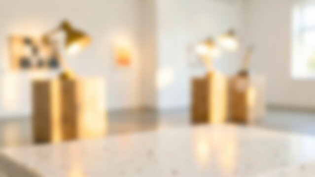 Blurred modern art gallery exhibition showroom bathed in warm natural sunlight for elegant website background or creative presentation backdrop