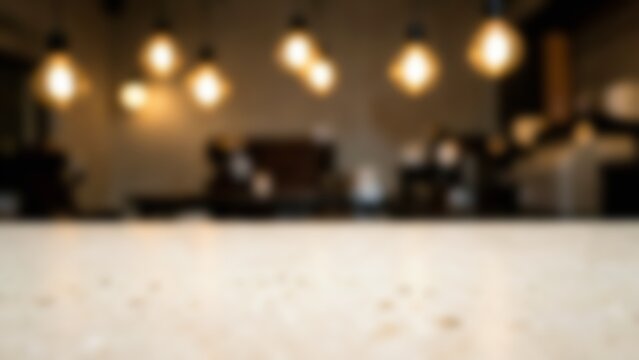 Empty light stone travertine countertop in a blurred warm cafe interior for food and beverage product display mockups