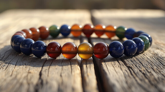 Chakra healing bracelet with colorful gemstone beads on rustic wooden background, close-up macro shot