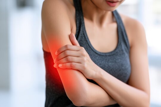 Elbow pain ache. Woman touches massaging her sore elbow due to acute joint pain. Glowing red light on hand arm area showing a severe muscle spasm tendon strain arthritis or sport injury symptom visual