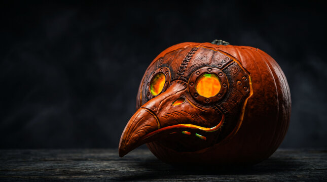 Creative plague doctor mask carved on Halloween pumpkin