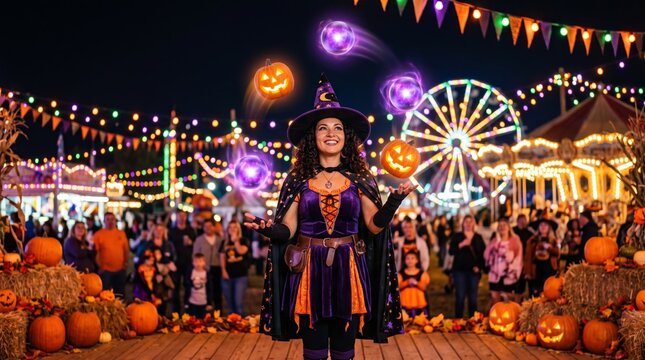 Smiling witch performer juggles glowing pumpkins and magic orbs at a colorful Halloween carnival at night