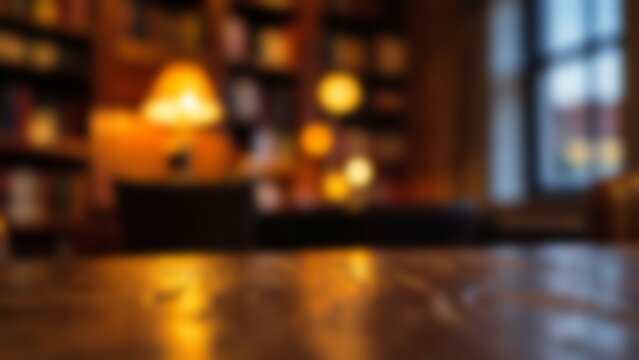 blurred wooden table foreground in a cozy home library with warm lamp bokeh for zoom virtual backgrounds and product mockups