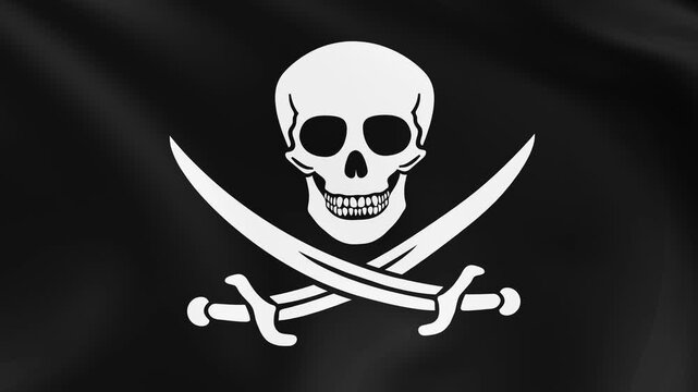 Jolly Roger pirate flag waving in the wind, black satin flag with skull, 4k animation.