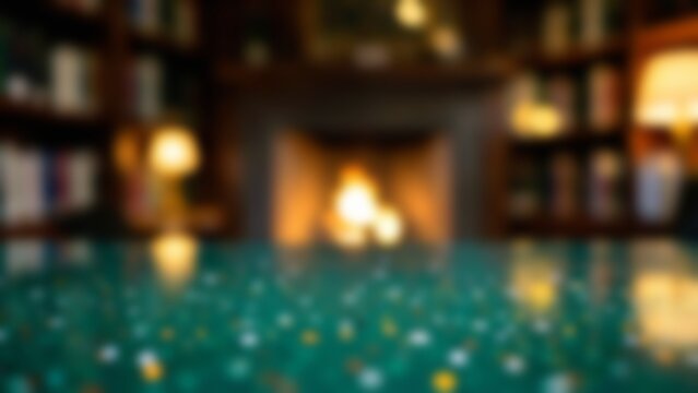 empty polished emerald green table top against blurred cozy library fireplace background for luxury product display and elegant mock-up presentation