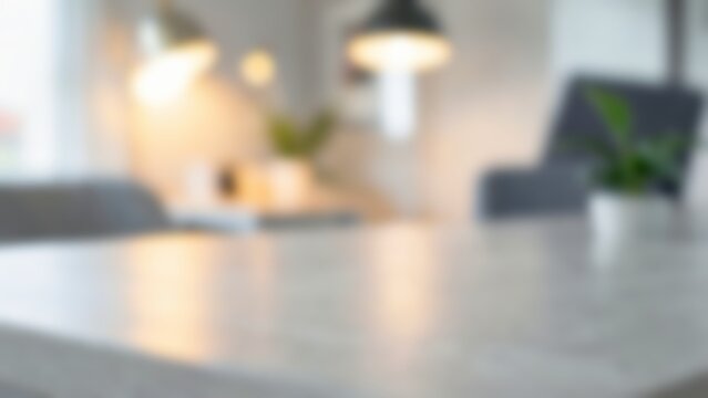Empty concrete table top with blurred modern living room interior background for product presentation, mockups, or interior design concepts