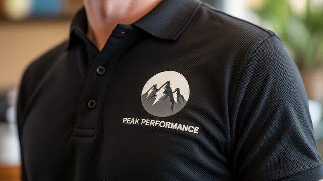 Close-up of a man in a black polo shirt with a mountain peak logo on the chest.