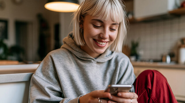 Happy young woman smiling while using smartphone at home, relaxed casual lifestyle with mobile communication, social media and digital technology in cozy modern interior