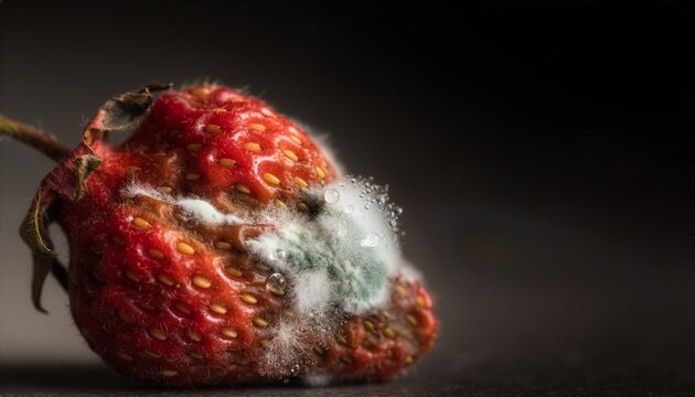 Extreme macro photograph of a spoiled strawberry, white and green fuzzy mold spreading across the wrinkled red surface.