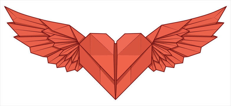 Red origami heart with wings isolated on transparent background
