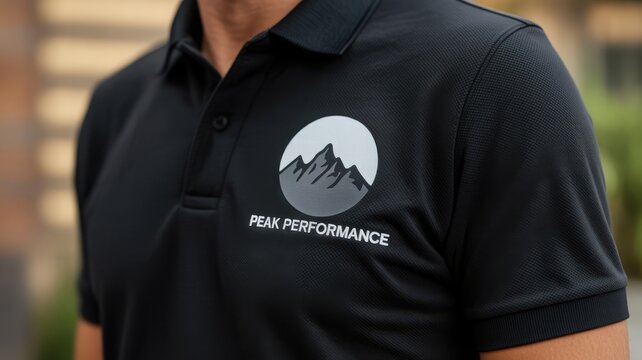 Close-up of a man wearing a black polo shirt with a mountain logo and text branding.