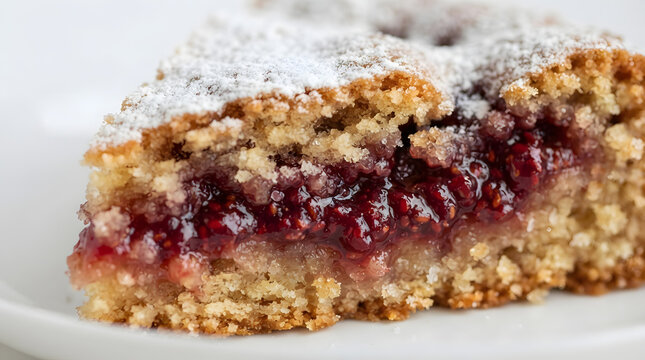Fresh close up focus texture of ievarijuma kekss or Latvian nut and berry jam cake, featuring raspberry jam and powder sugar sprinkle. Classic Baltic recipe