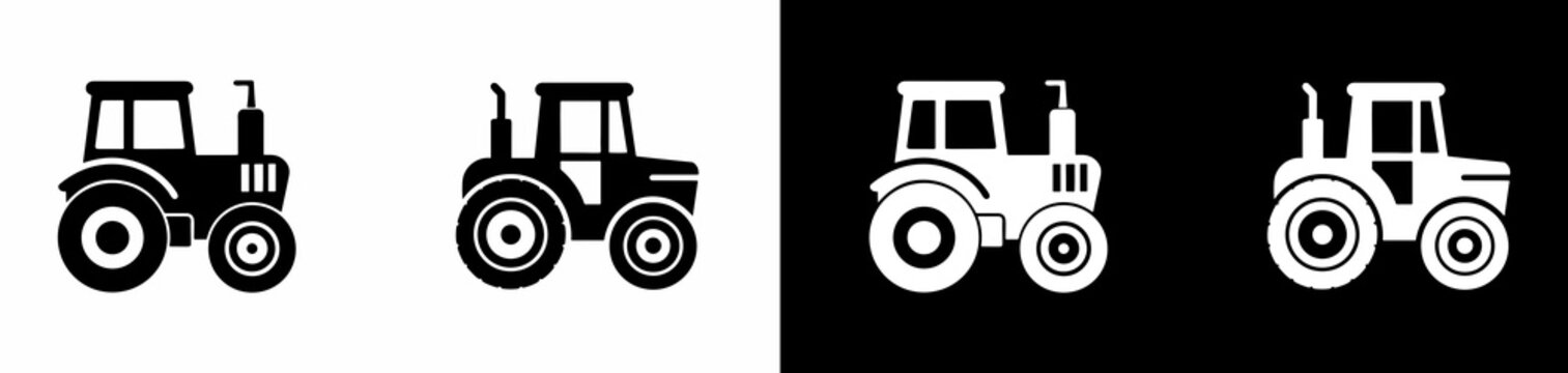 agricultural tractor icons in black and white versions isolated on transparent background for various uses