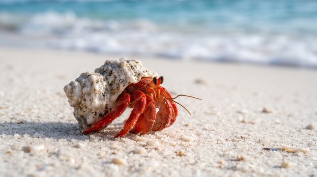 Close-up of strawberry hermit crab crawling on tropical beach sand sunny day