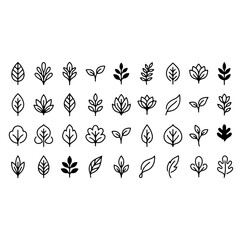 Obraz premium Botanical Leaf and Plant Line Art Vector Icon Set - Floral Foliage, Sprout, and Nature Outlines