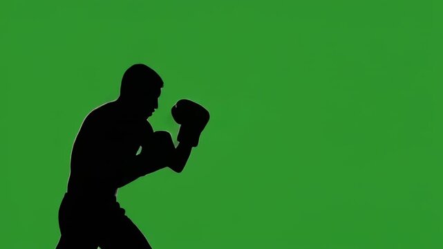 Silhouette Boxer punching with green screen background in cinematic motion during training