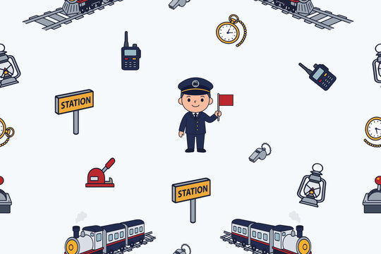Cute Train and Train Driver Tools Seamless Pattern Background for Kids, Fabric and Transportation Design