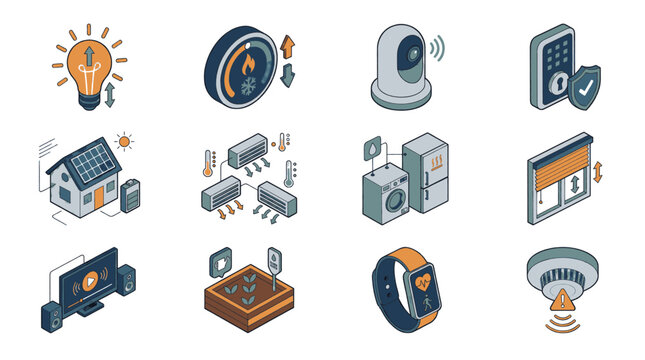 Collection of isometric icons representing smart home technology and automation devices for modern living.