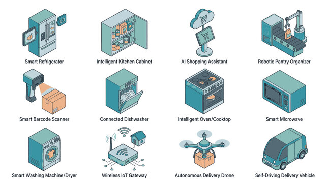 Collection of isometric icons representing smart home appliances and futuristic technology.