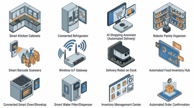 Collection of isometric icons representing smart home and kitchen technology innovations.