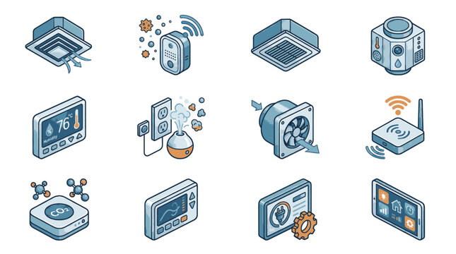 Isometric Icons Representing Smart Home Technology and Devices for Climate Control.